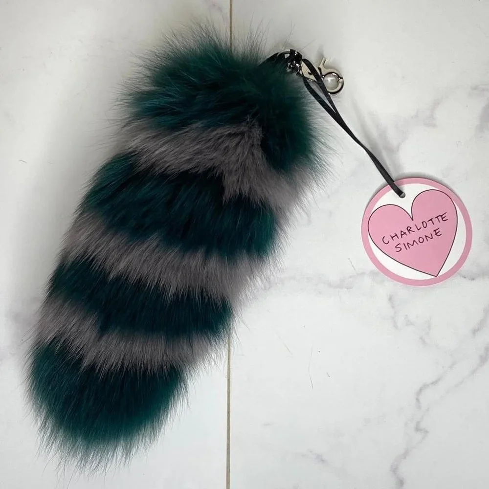Charlotte Simone Gray & Teal FOX FUR Goody Gumdrops Striped Bag Charm Keychain - Picture 1 of 5